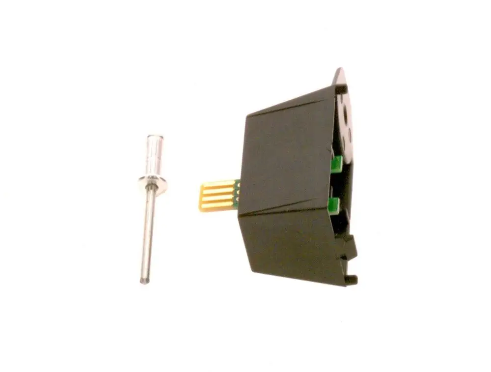 Modul von Bosch in schwarzem Gehäuse mit elektronischen Kontakten. Neben dem Modul liegt ein silberner, zylindrischer Stift.